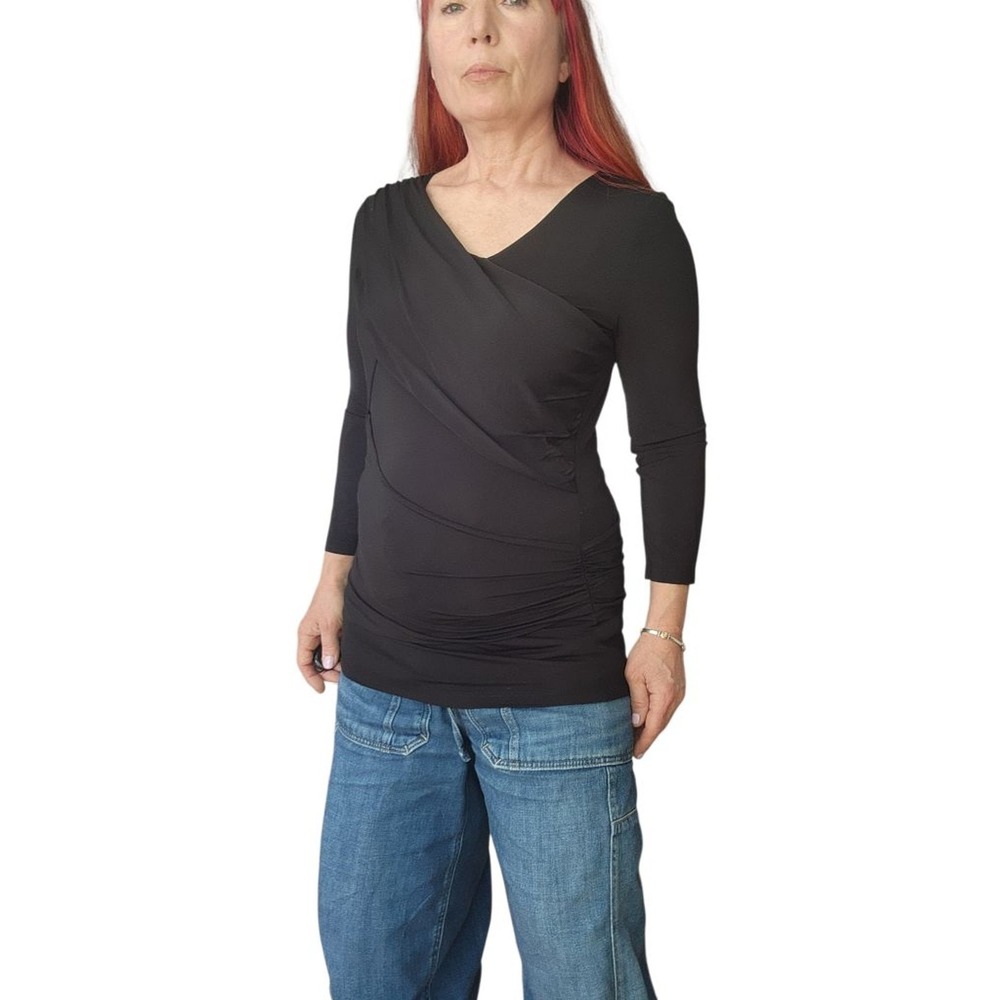LAFAYETTE 148 NEW YORK Black Asymmetrical Neckline 3/4 Sleeve Fitted Top Size M